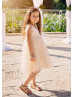 Light Peach Tulle Pearls V Back Short Flower Girl Dress